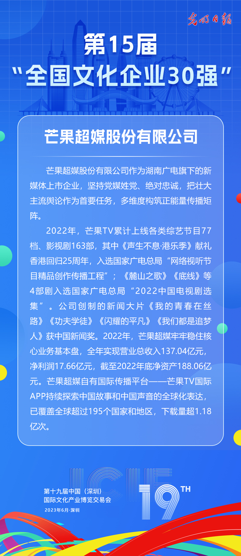 第十五届“全国文化企业30强”简介：芒果超媒股份有限公司
