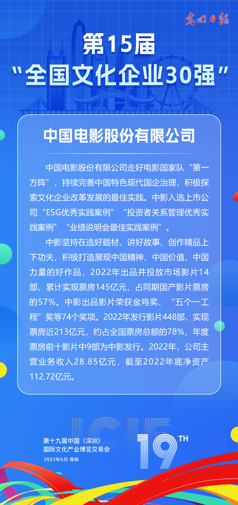 第十五届“全国文化企业30强”简介：中国电影股份有限公司