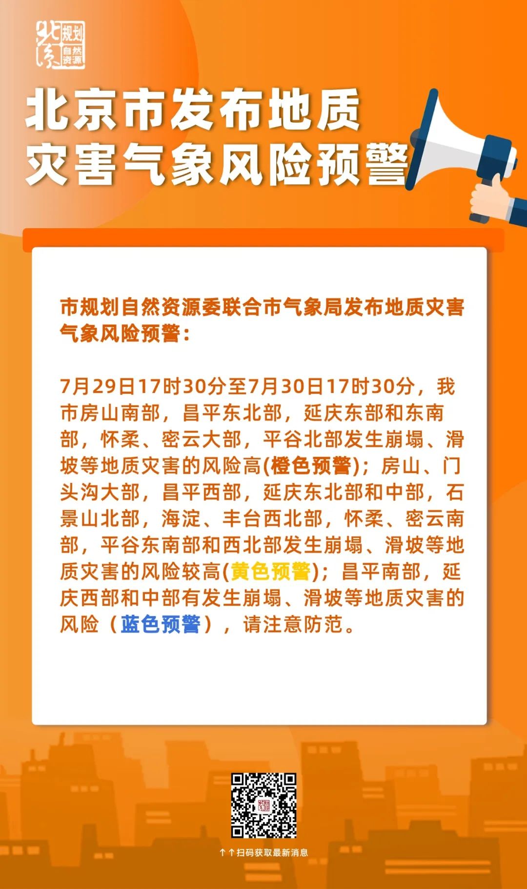 北京市降级发布地质灾害气象风险橙色预警